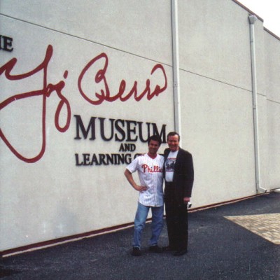 Ed Romond with poet and friend, BJ Ward, outside the Yogi Berra Museum at Montclair University before their baseball poetry reading.